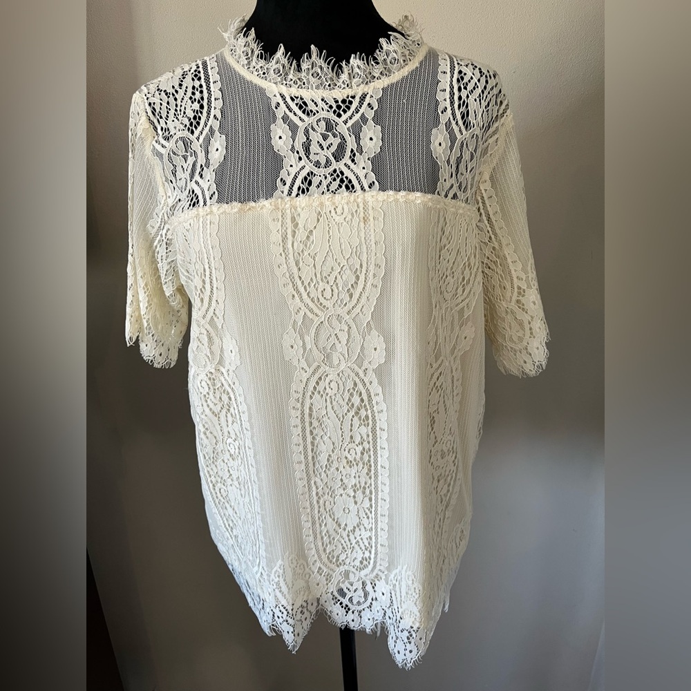 Eyeshadow XL Lace blouse cottagecore boho whimsygoth crochet knit‎ white cream